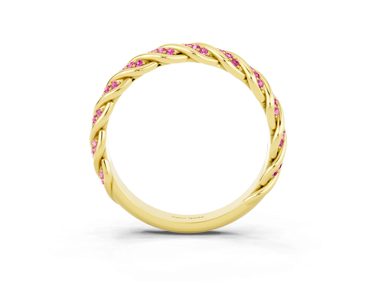 Twisted Pavé Round Pink Sapphire Eternity Band in Yellow gold with Shared Prong Setting_3