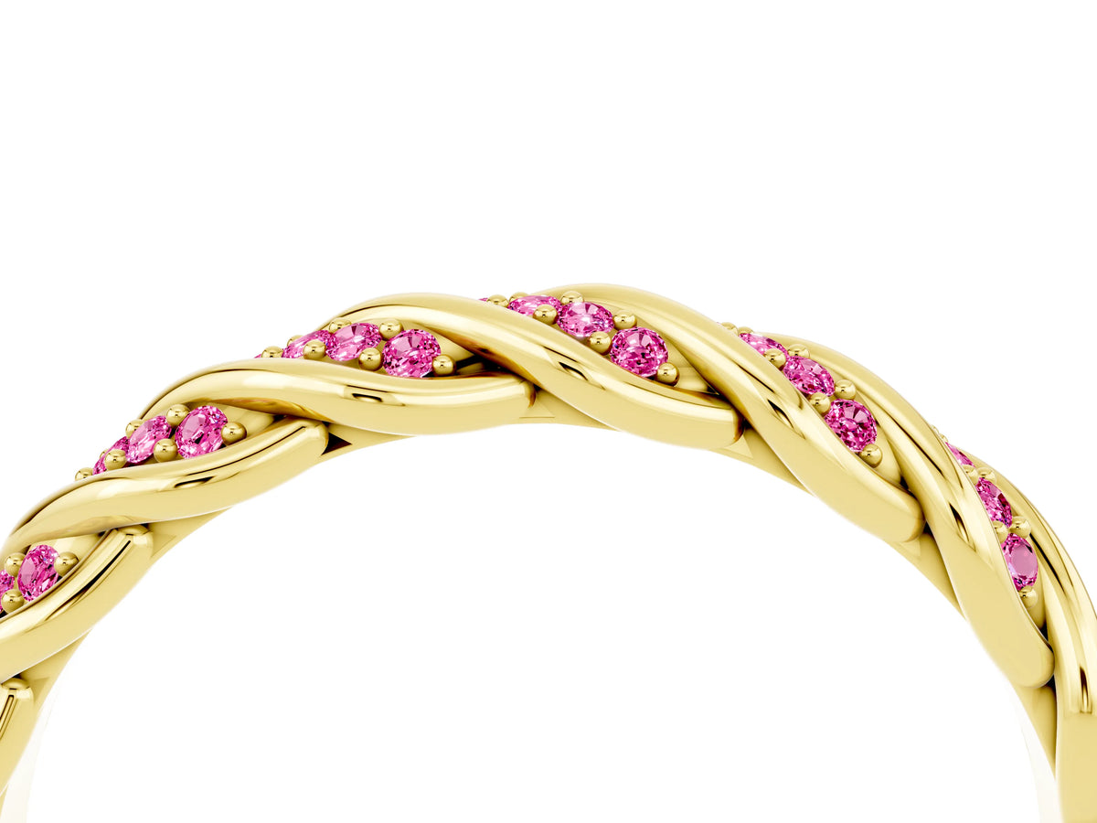 Twisted Pavé Round Pink Sapphire Eternity Band in Yellow gold with Shared Prong Setting_4