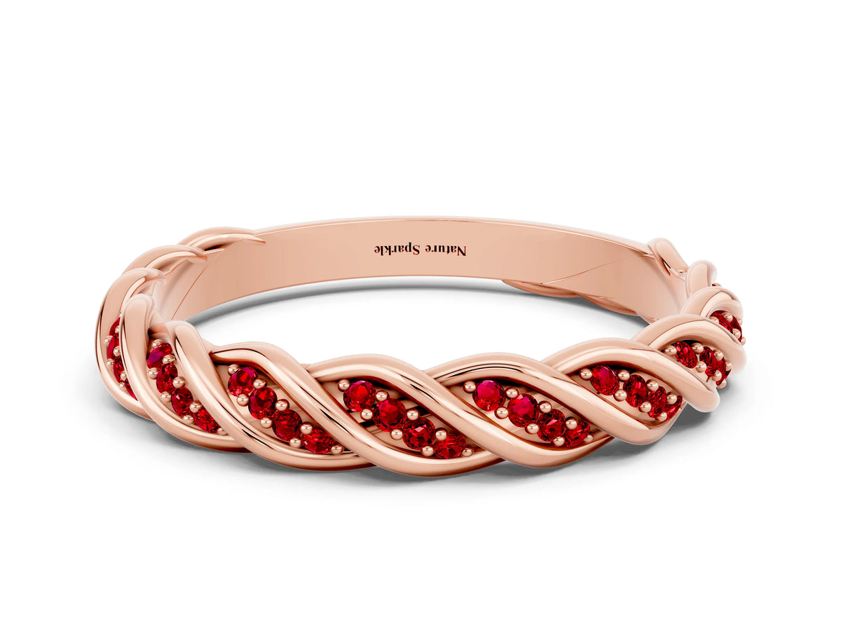 Twisted Pavé Round Ruby Eternity Band in Rose gold with Shared Prong Setting