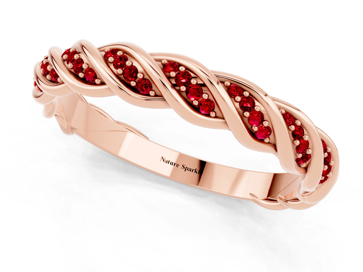 Twisted Pavé Round Ruby Eternity Band in Rose gold with Shared Prong Setting_1