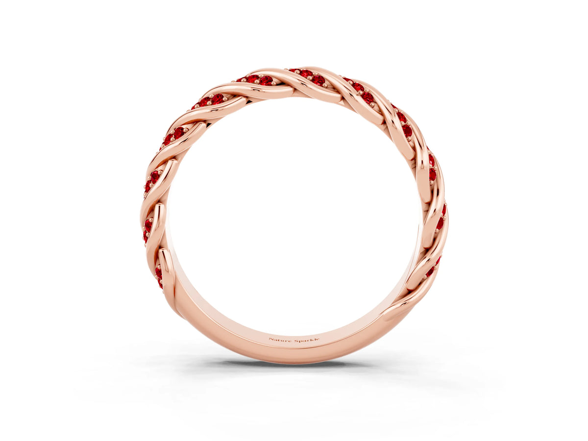 Twisted Pavé Round Ruby Eternity Band in Rose gold with Shared Prong Setting_3