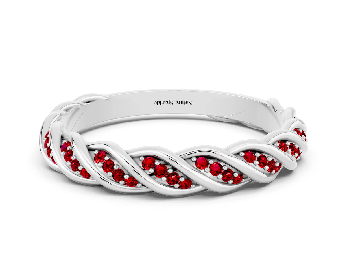 Twisted Pavé Round Ruby Eternity Band in White gold with Shared Prong Setting