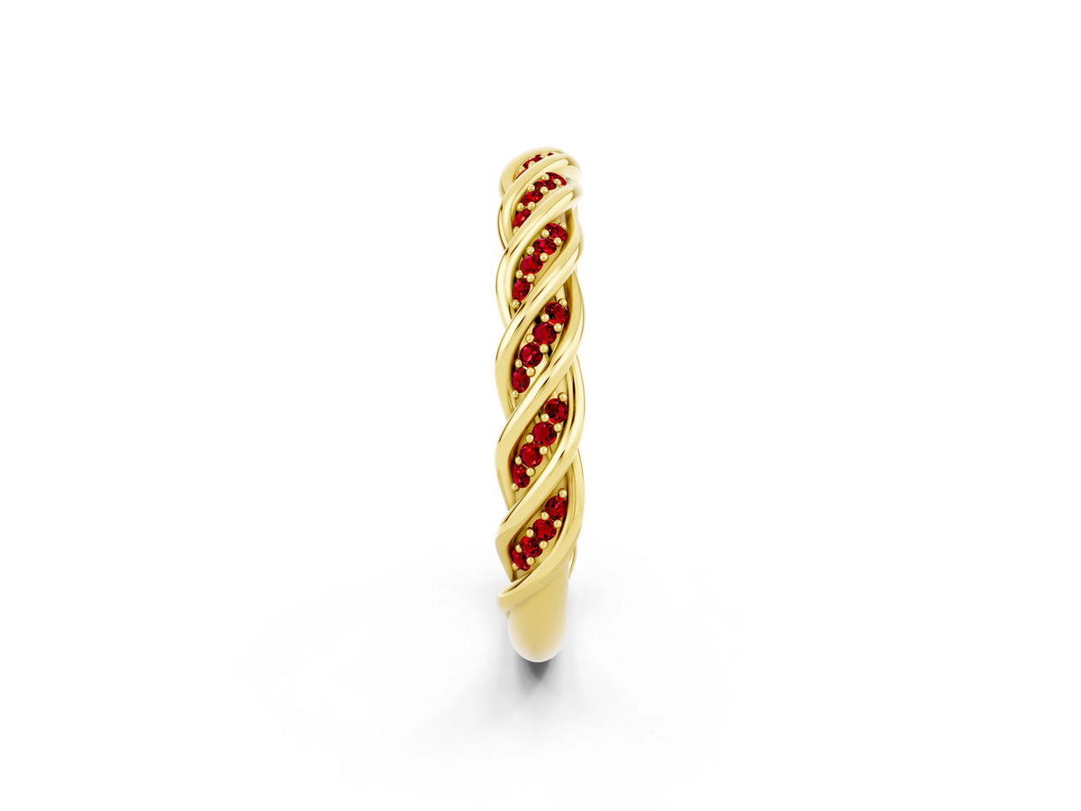 Twisted Pavé Round Ruby Eternity Band in Yellow gold with Shared Prong Setting_2