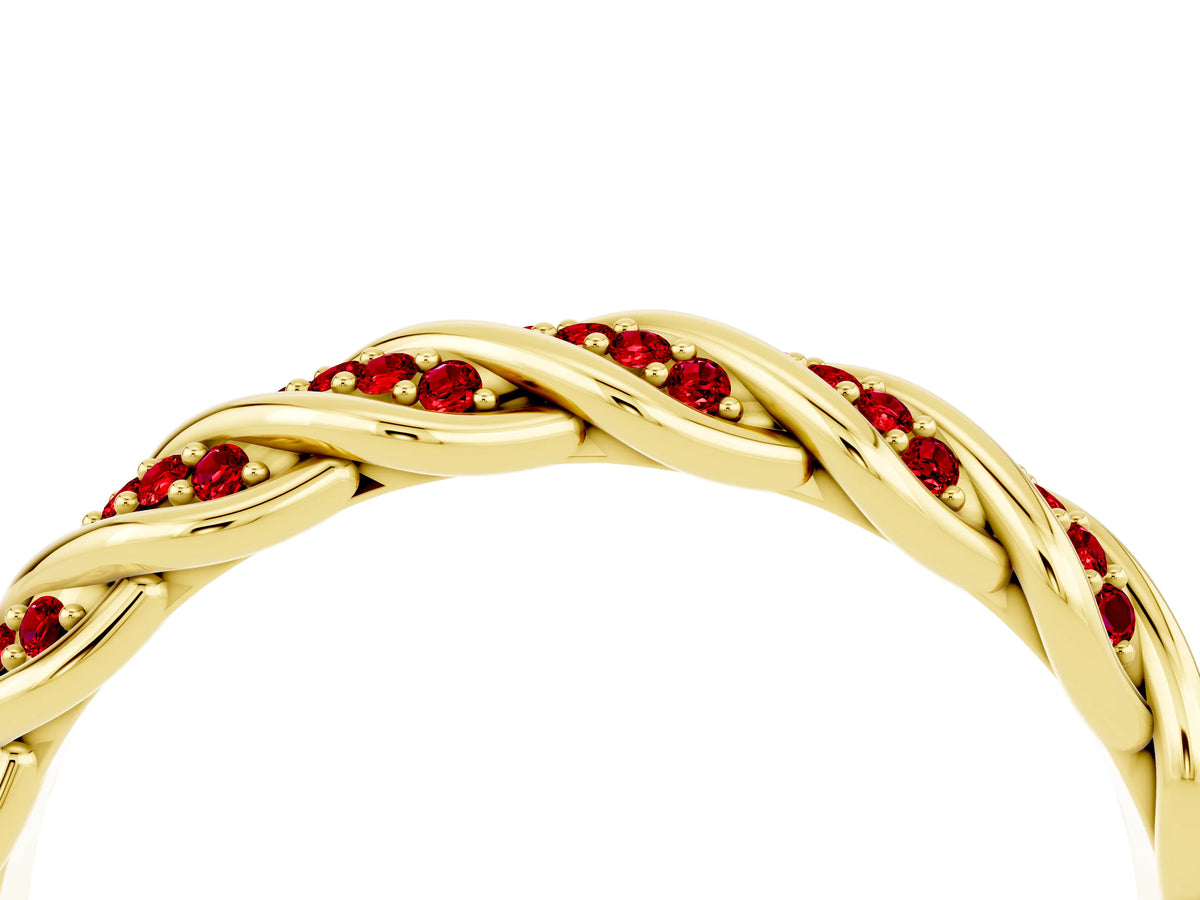 Twisted Pavé Round Ruby Eternity Band in Yellow gold with Shared Prong Setting_4