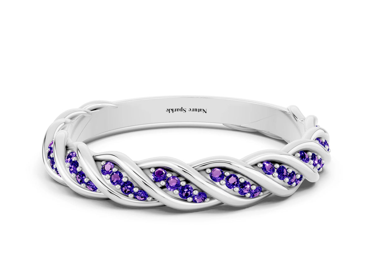 Twisted Pavé Round Tanzanite Eternity Band in Platinum with Shared Prong Setting