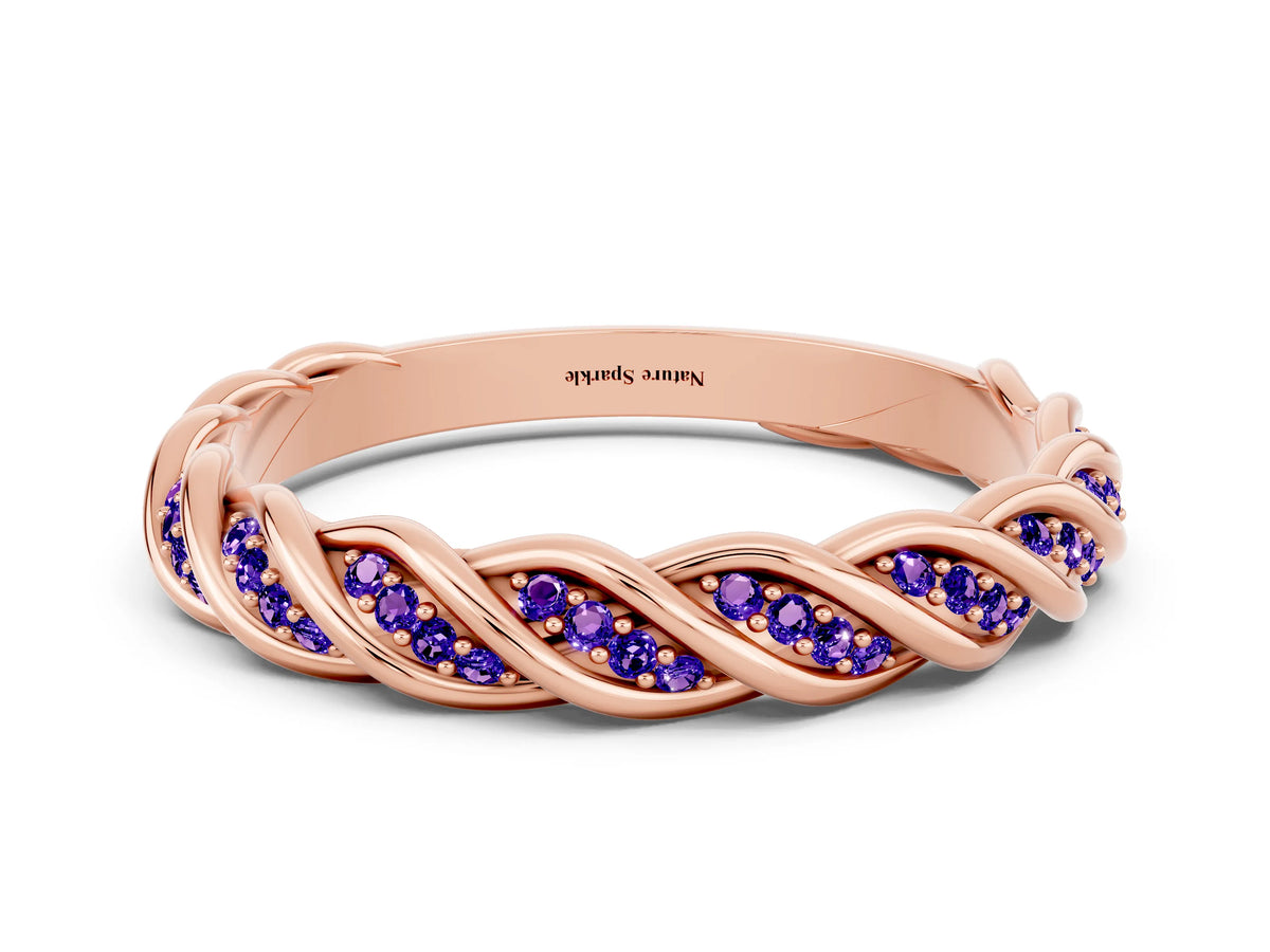 Twisted Pavé Round Tanzanite Eternity Band in Rose gold with Shared Prong Setting