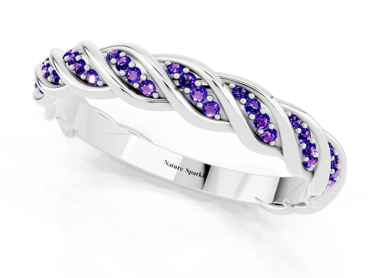 Twisted Pavé Round Tanzanite Eternity Band in Silver with Shared Prong Setting_1