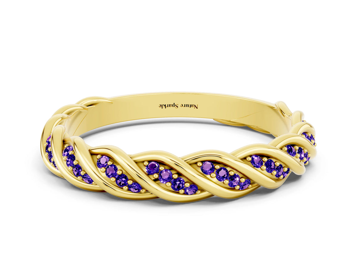 Twisted Pavé Round Tanzanite Eternity Band in Yellow gold with Shared Prong Setting