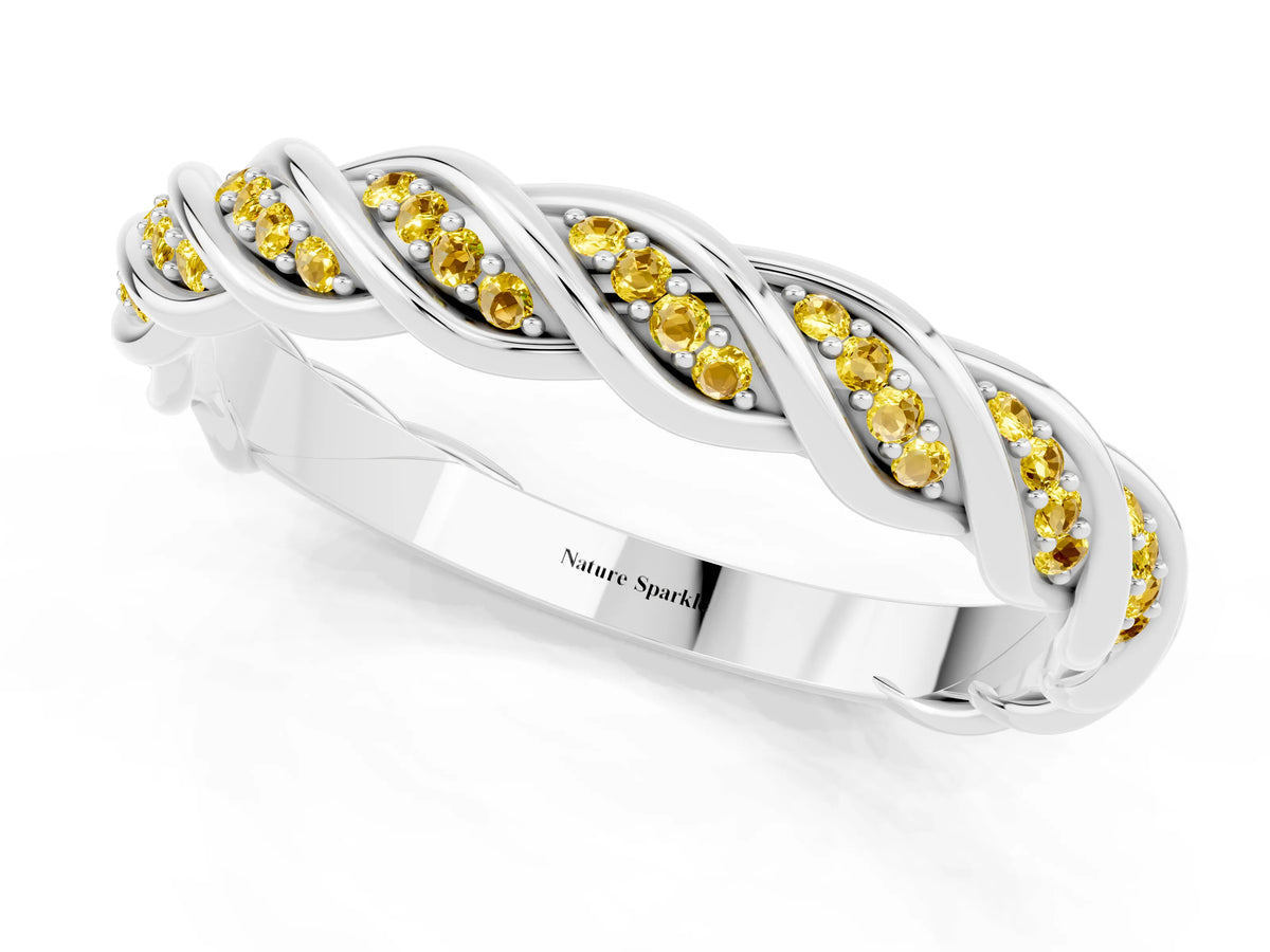 Twisted Pavé Round Yellow Sapphire Eternity Band in Silver with Shared Prong Setting_1