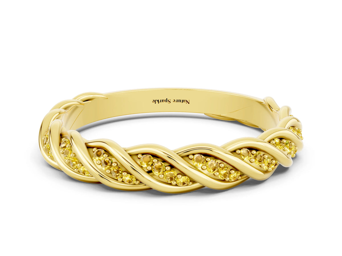 Twisted Pavé Round Yellow Sapphire Eternity Band in Yellow gold with Shared Prong Setting