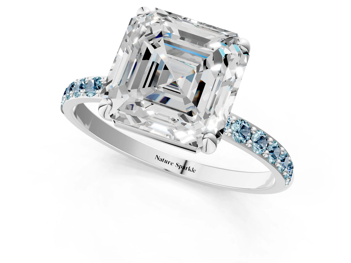 White gold Asscher Cut Diamond Solitaire Ring with Round Aquamarine Pavé Band and Prong Setting_1
