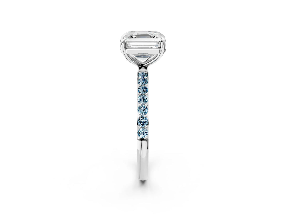 White gold Asscher Cut Diamond Solitaire Ring with Round Aquamarine Pavé Band and Prong Setting_2