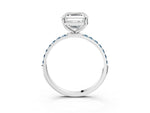White gold Asscher Cut Diamond Solitaire Ring with Round Aquamarine Pavé Band and Prong Setting_3