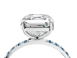White gold Asscher Cut Diamond Solitaire Ring with Round Aquamarine Pavé Band and Prong Setting_4