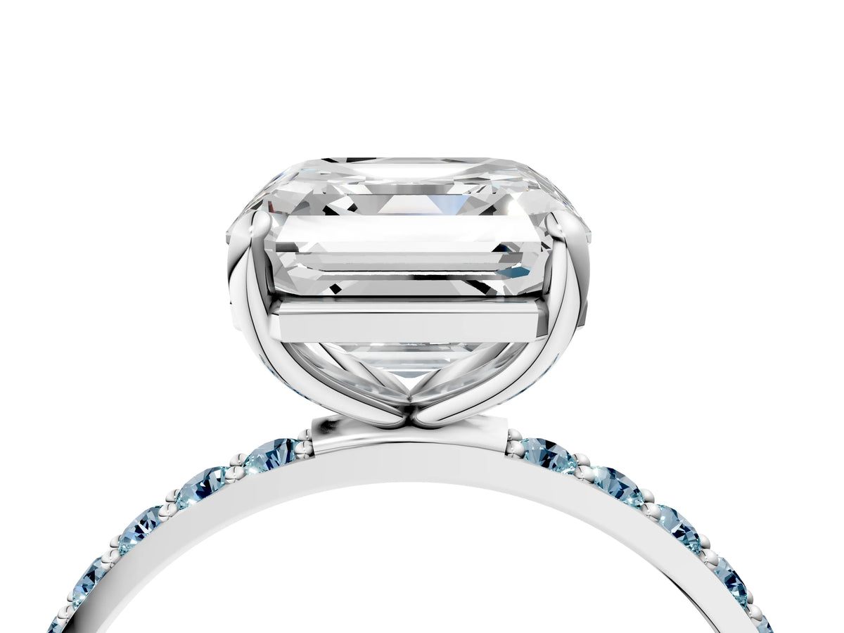 White gold Asscher Cut Diamond Solitaire Ring with Round Aquamarine Pavé Band and Prong Setting_4