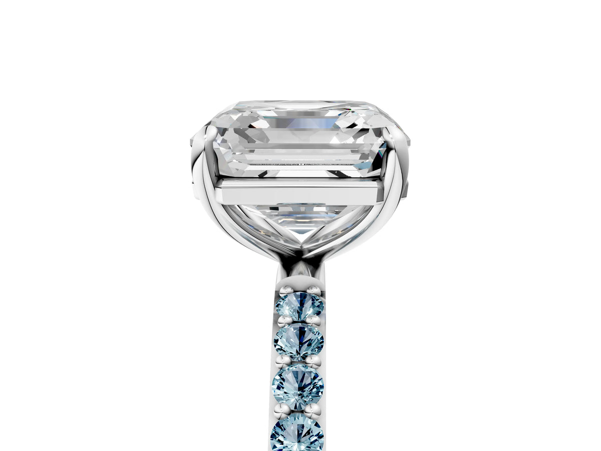 White gold Asscher Cut Diamond Solitaire Ring with Round Aquamarine Pavé Band and Prong Setting_5