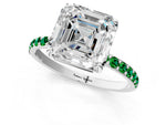 White gold Asscher Cut Diamond Solitaire Ring with Round Emerald Pavé Band and Prong Setting_1