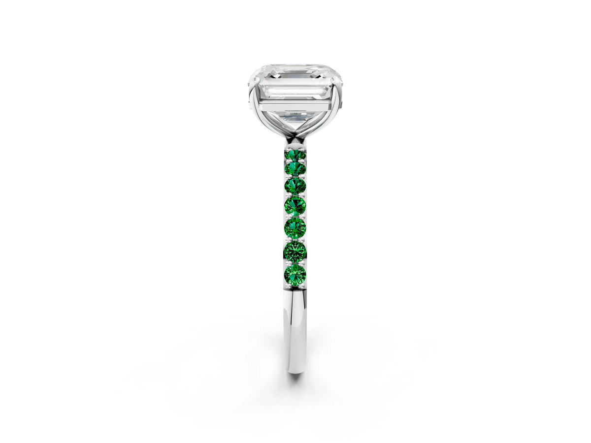 White gold Asscher Cut Diamond Solitaire Ring with Round Emerald Pavé Band and Prong Setting_2