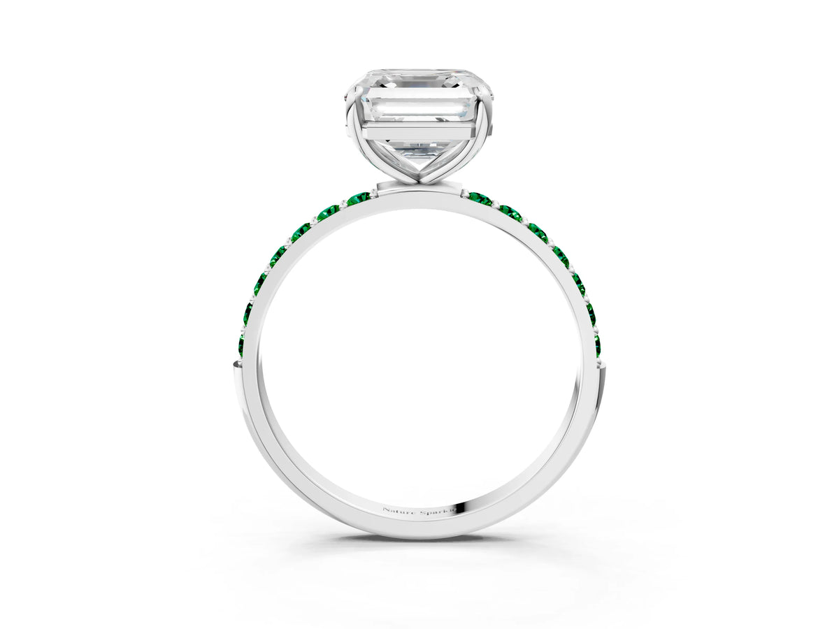 White gold Asscher Cut Diamond Solitaire Ring with Round Emerald Pavé Band and Prong Setting_3