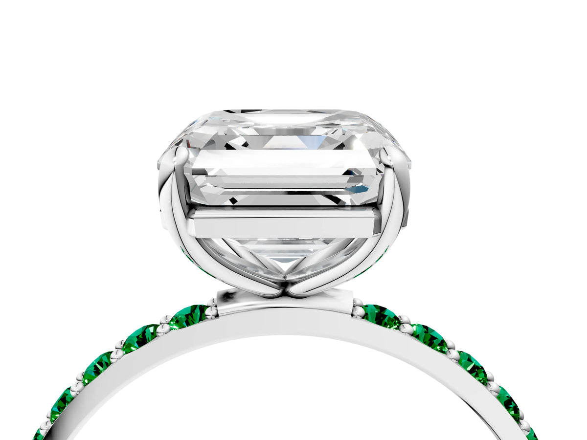 White gold Asscher Cut Diamond Solitaire Ring with Round Emerald Pavé Band and Prong Setting_4