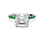 White gold Asscher Cut Diamond Solitaire Ring with Round Emerald Pavé Band and Prong Setting