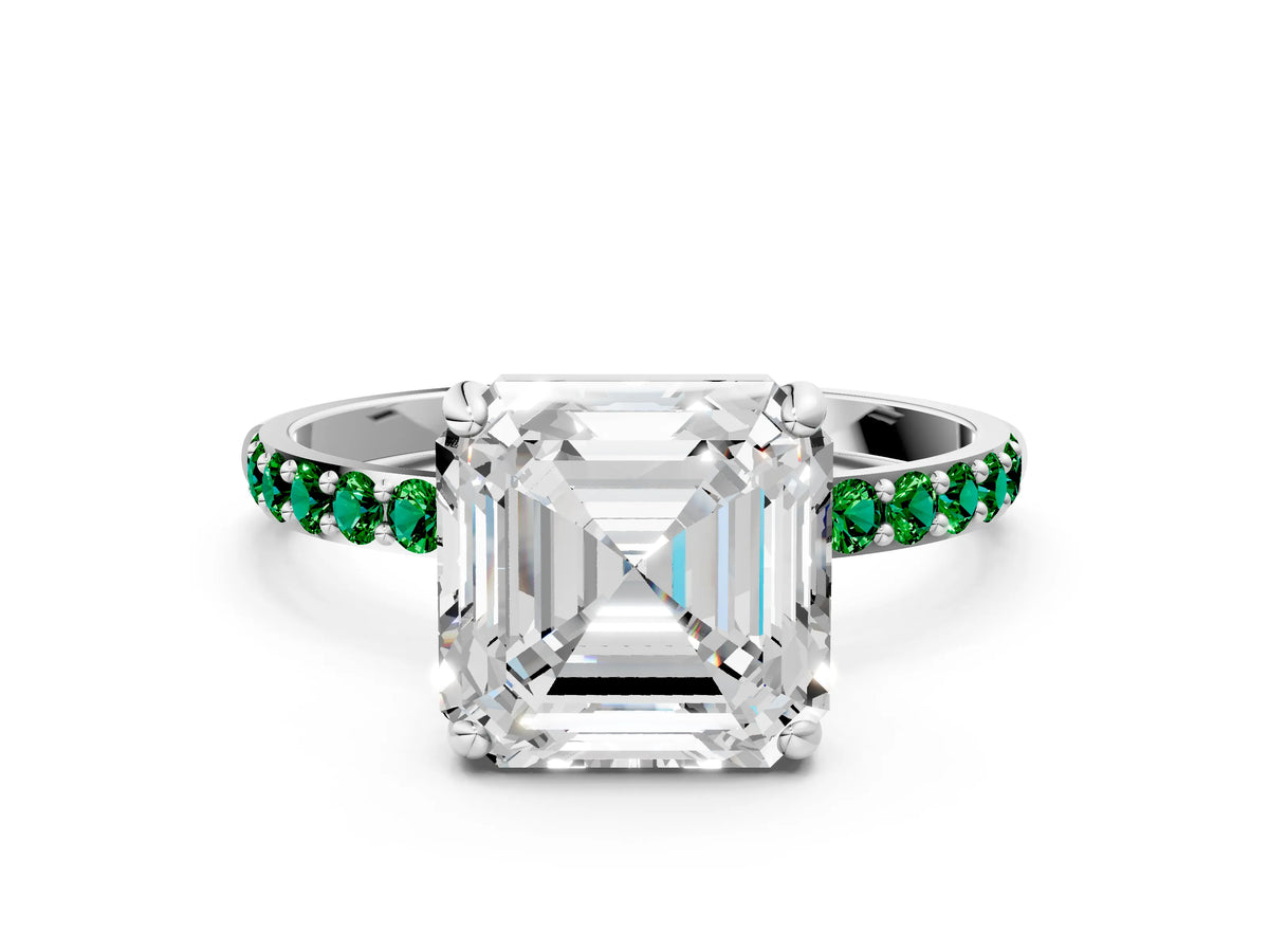White gold Asscher Cut Diamond Solitaire Ring with Round Emerald Pavé Band and Prong Setting