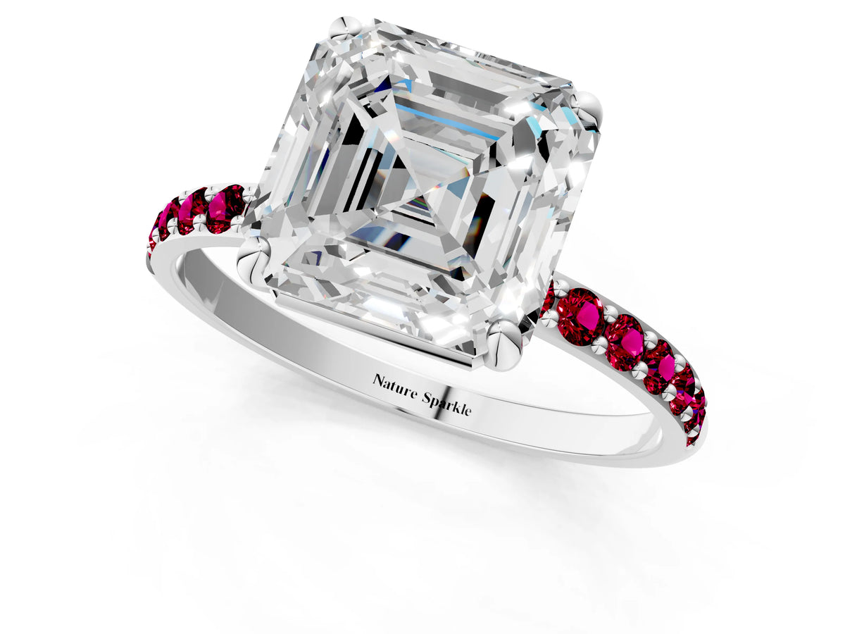 White gold Asscher Cut Diamond Solitaire Ring with Round Garnet Pavé Band and Prong Setting_1