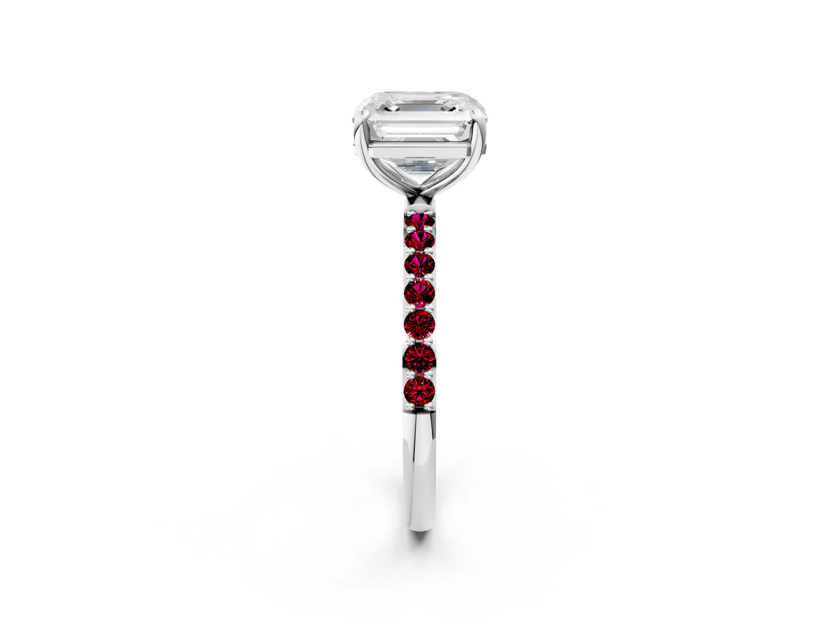 White gold Asscher Cut Diamond Solitaire Ring with Round Garnet Pavé Band and Prong Setting_2