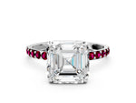 White gold Asscher Cut Diamond Solitaire Ring with Round Garnet Pavé Band and Prong Setting