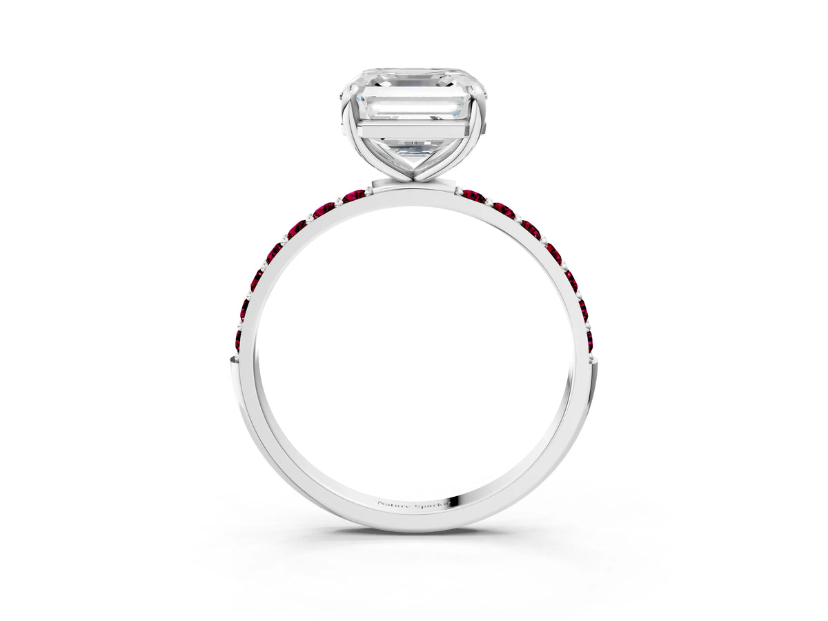 White gold Asscher Cut Diamond Solitaire Ring with Round Garnet Pavé Band and Prong Setting_3
