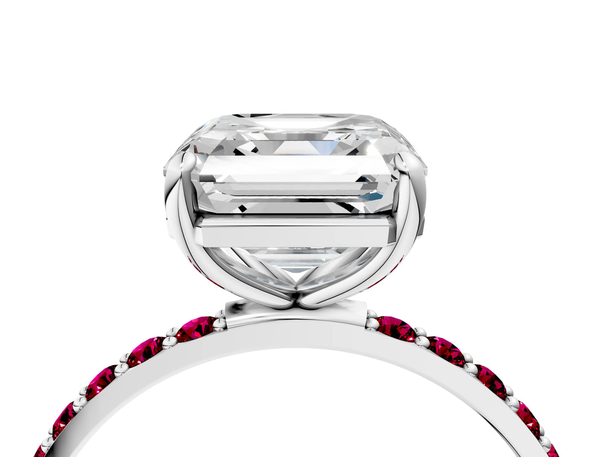 White gold Asscher Cut Diamond Solitaire Ring with Round Garnet Pavé Band and Prong Setting_4