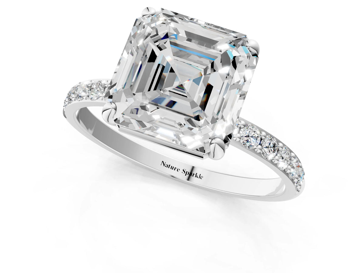 White gold Asscher Cut Diamond Solitaire Ring with Round Moissanite Pavé Band and Prong Setting_1