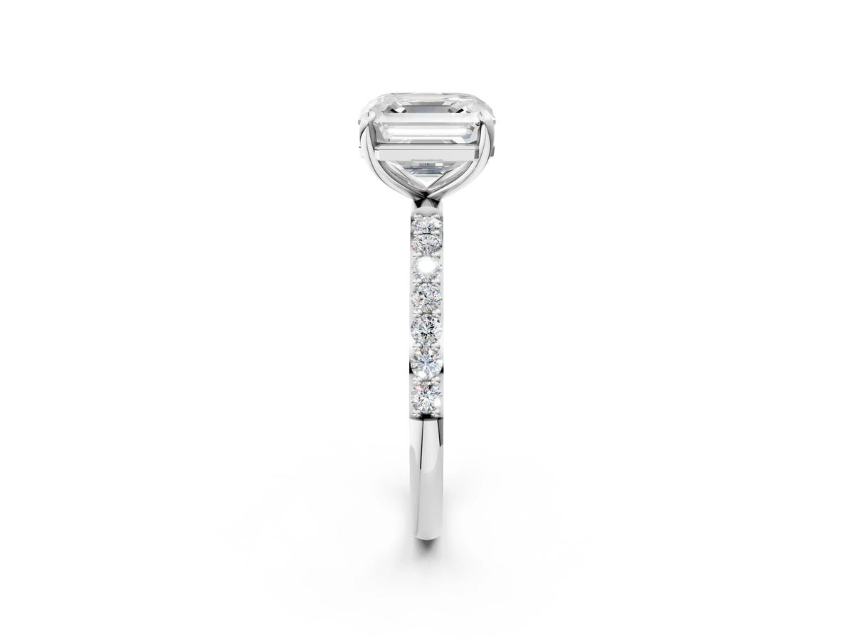 White gold Asscher Cut Diamond Solitaire Ring with Round Moissanite Pavé Band and Prong Setting_2