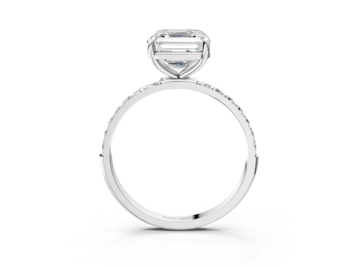 White gold Asscher Cut Diamond Solitaire Ring with Round Moissanite Pavé Band and Prong Setting_3