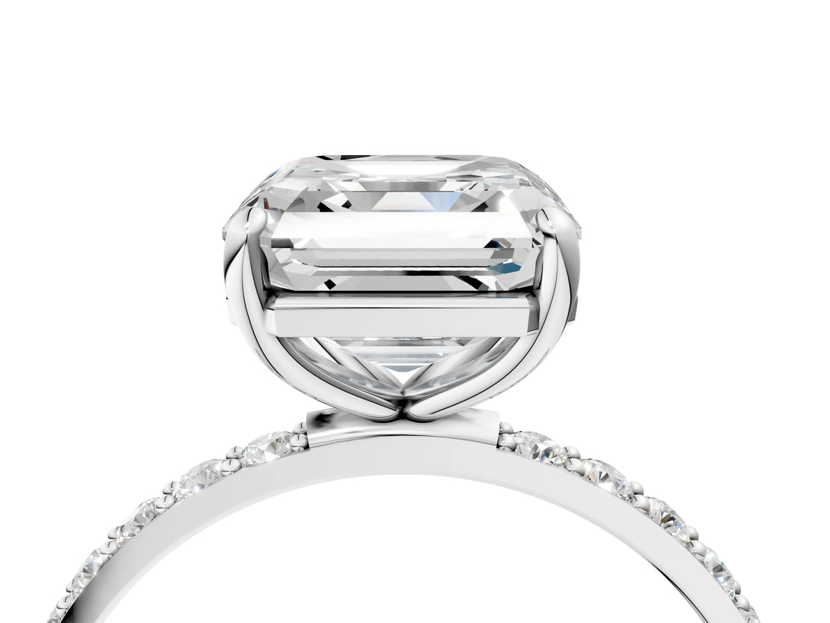 White gold Asscher Cut Diamond Solitaire Ring with Round Moissanite Pavé Band and Prong Setting_4