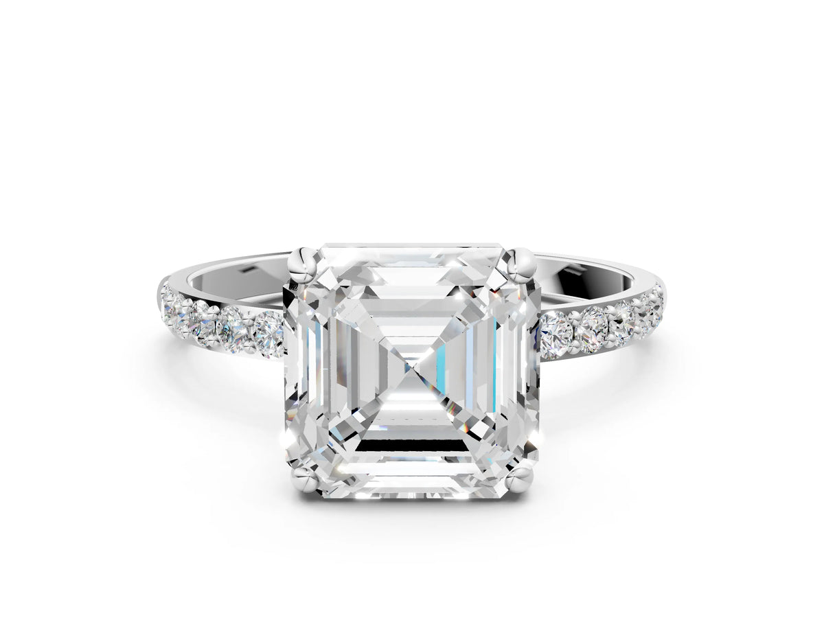 White gold Asscher Cut Diamond Solitaire Ring with Round Moissanite Pavé Band and Prong Setting