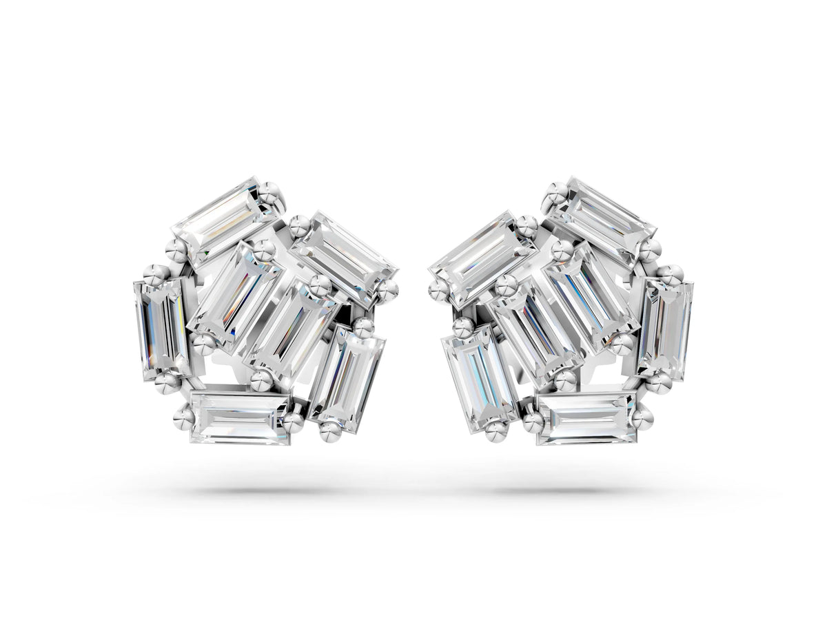 White gold Baguette Diamond Cluster Stud Earrings