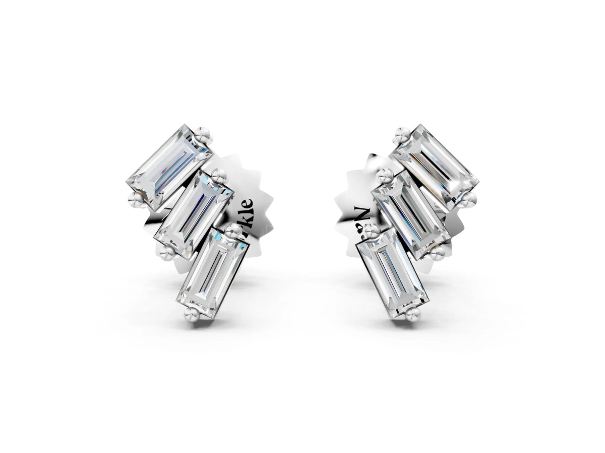 White gold Baguette Diamond Three-Stone Stud Earrings