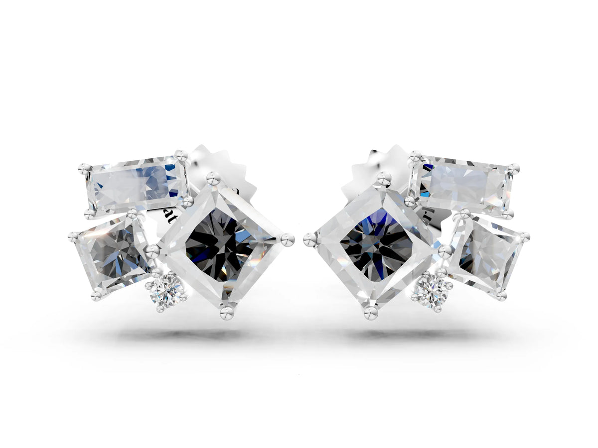 White gold Baguette and Princess Diamond Mosaic Abstract Stud Earrings