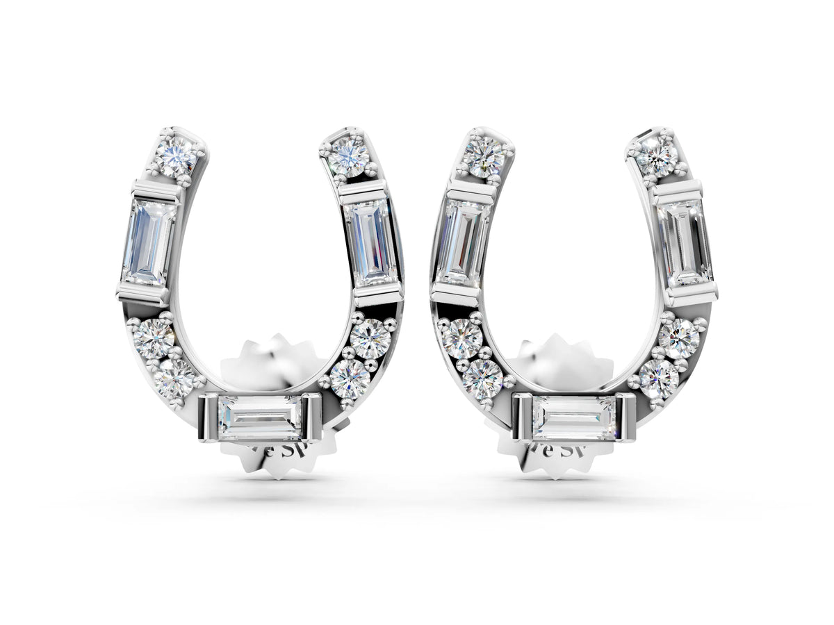 White gold Baguette and Round Diamond Horseshoe Stud Earrings