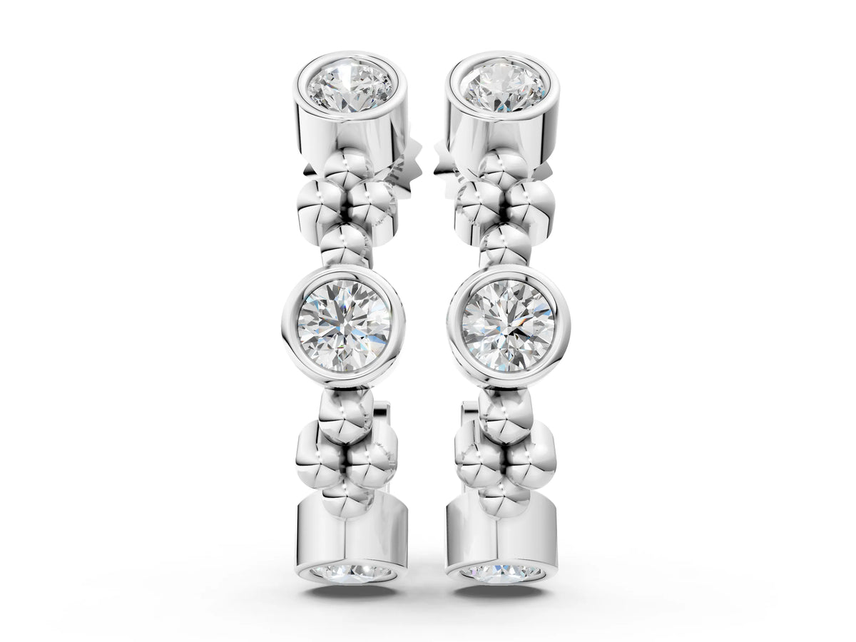 White gold Bezel Set Round Diamond Beaded Hoop Earrings