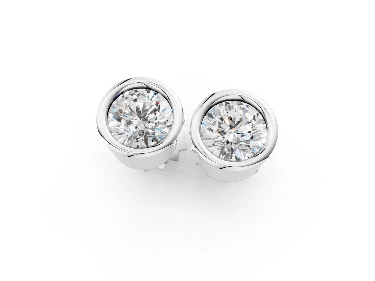 White gold Bezel Set Round Diamond Stud Earrings with Push Back_1