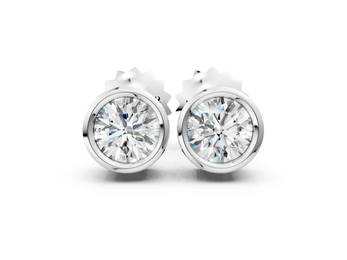 White gold Bezel Set Round Diamond Stud Earrings with Push Back