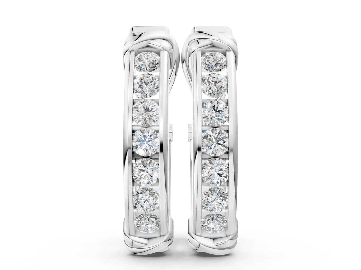 White gold Channel-Set Round Diamond Two-Tone Hoop Earrings with Claw Prong Setting