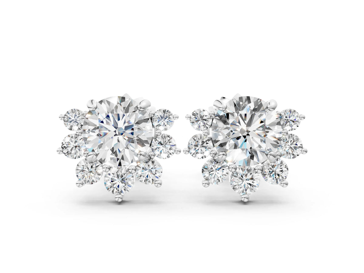 White gold Cluster Round Diamond Stud Earrings with White Gold Band and Four-Prong Setting