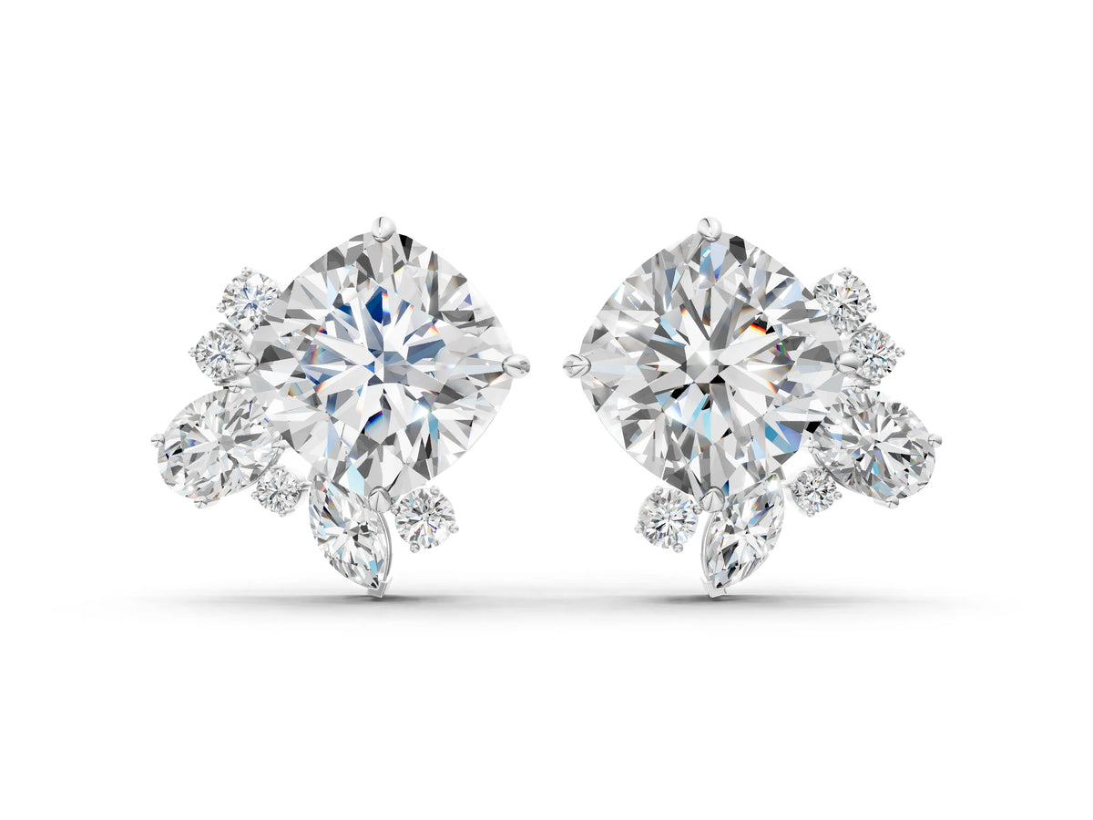 White gold Cushion Cut Diamond Floral Stud Earrings with Multi-Shape Accents
