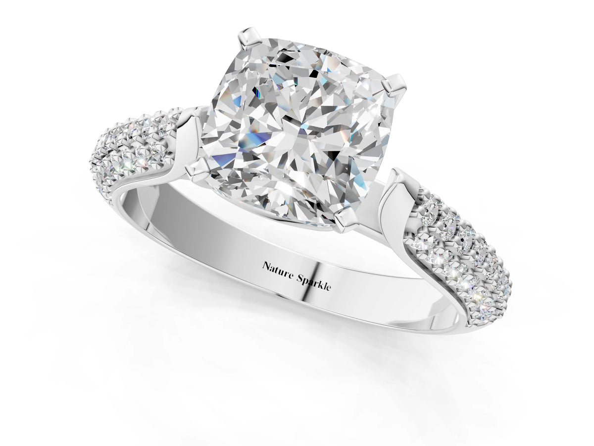 White gold Cushion Cut Diamond Solitaire Engagement Ring with Multi-Row Round Pavé Band and Prong Setting_1