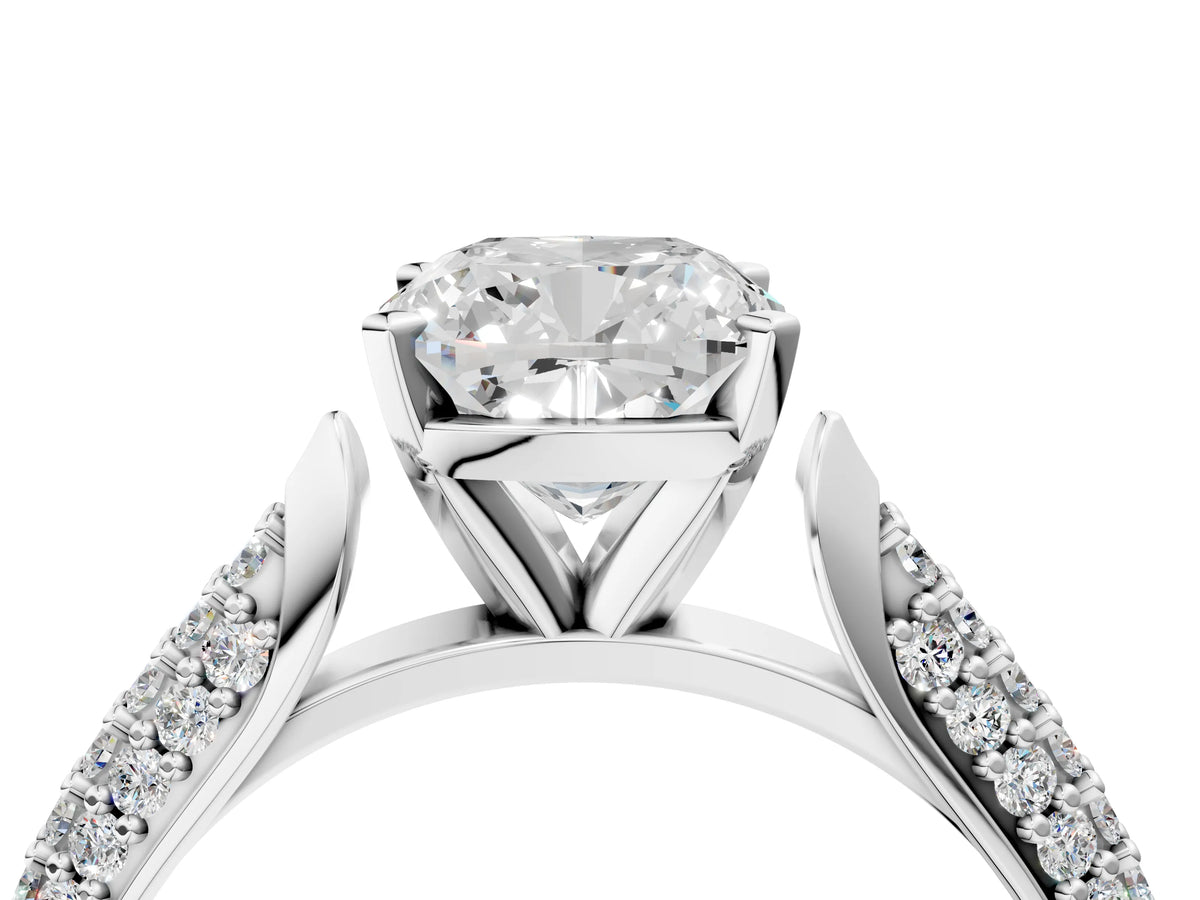 White gold Cushion Cut Diamond Solitaire Engagement Ring with Multi-Row Round Pavé Band and Prong Setting_4