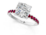 White gold Cushion Cut Diamond Solitaire Ring with Round Garnet Pavé Band and Prong Setting_1