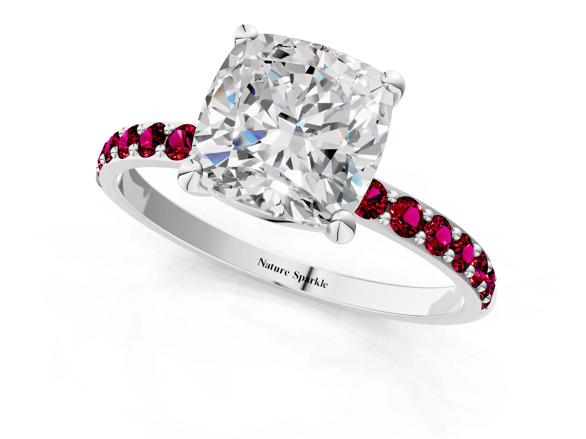 White gold Cushion Cut Diamond Solitaire Ring with Round Garnet Pavé Band and Prong Setting_1